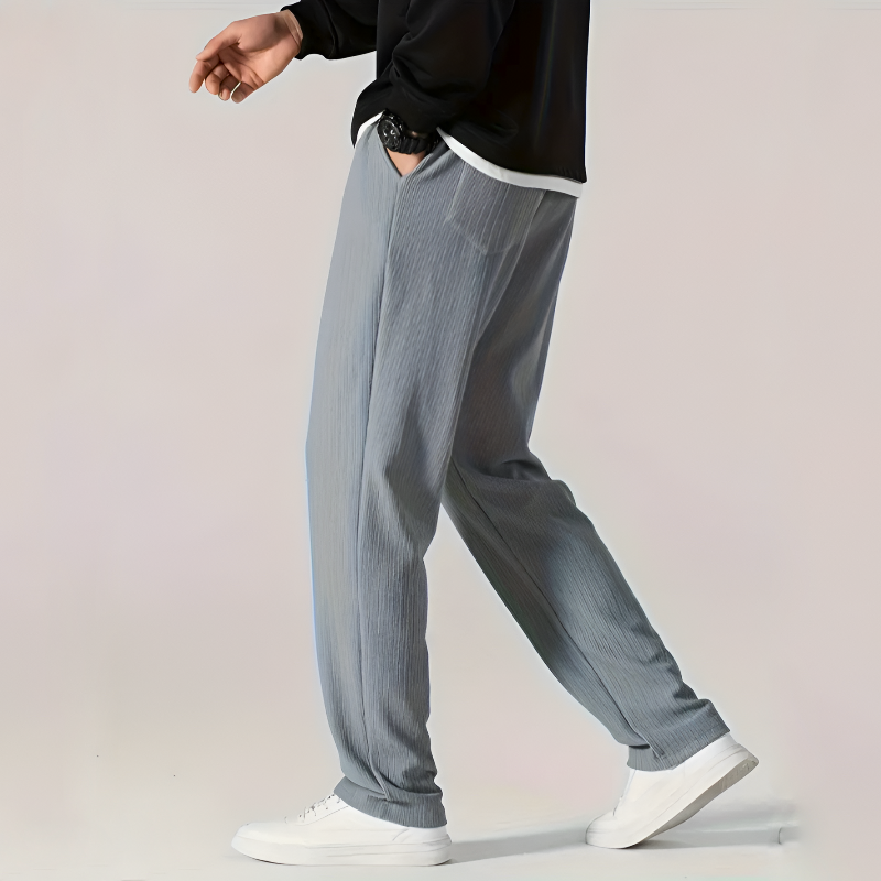 Men Ribbed Pants Straight Leg Drawstring Waistband Pull-On Design