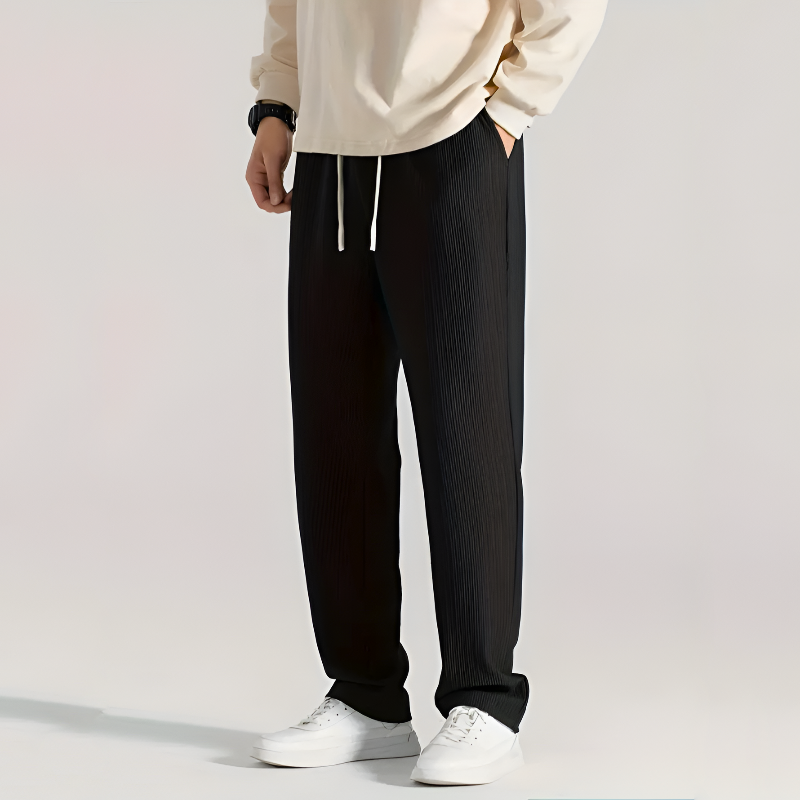 Men Ribbed Pants Straight Leg Drawstring Waistband Pull-On Design
