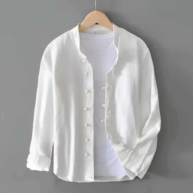 Men’s Slim Fit Shirt with Fabric-Covered Buttons and Garment-Wash Finish