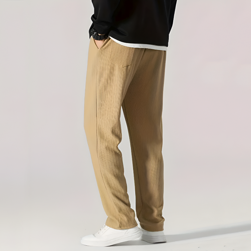 Men Ribbed Pants Straight Leg Drawstring Waistband Pull-On Design