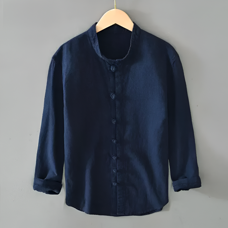 Men’s Slim Fit Shirt with Fabric-Covered Buttons and Garment-Wash Finish