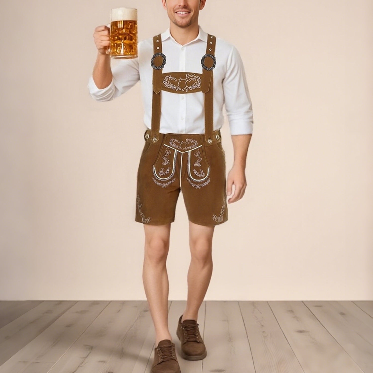 Elegant men's Oktoberfest leather trousers with intricate embroidery, comfortable suspenders, and practical side pockets for the perfect festival appearance
