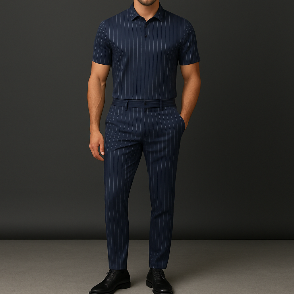 Men Pinstripe Polo Shirt and Trousers Matching Set