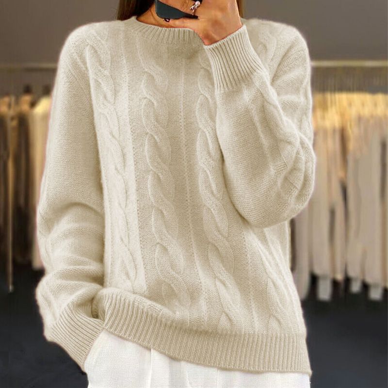 Women Winter Cable Knit Sweater with Ribbed Edges and Crew Neck