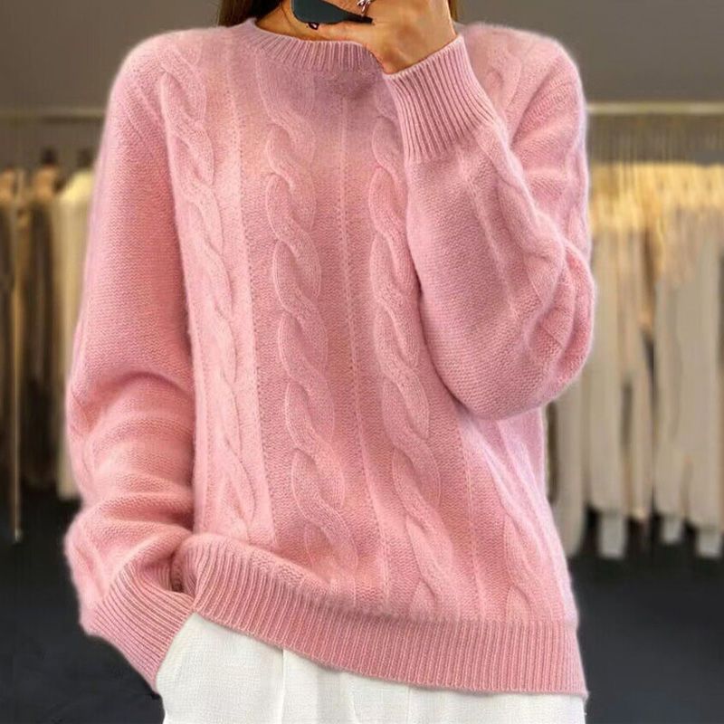 Women Winter Cable Knit Sweater with Ribbed Edges and Crew Neck