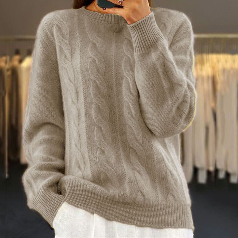 Women Winter Cable Knit Sweater with Ribbed Edges and Crew Neck
