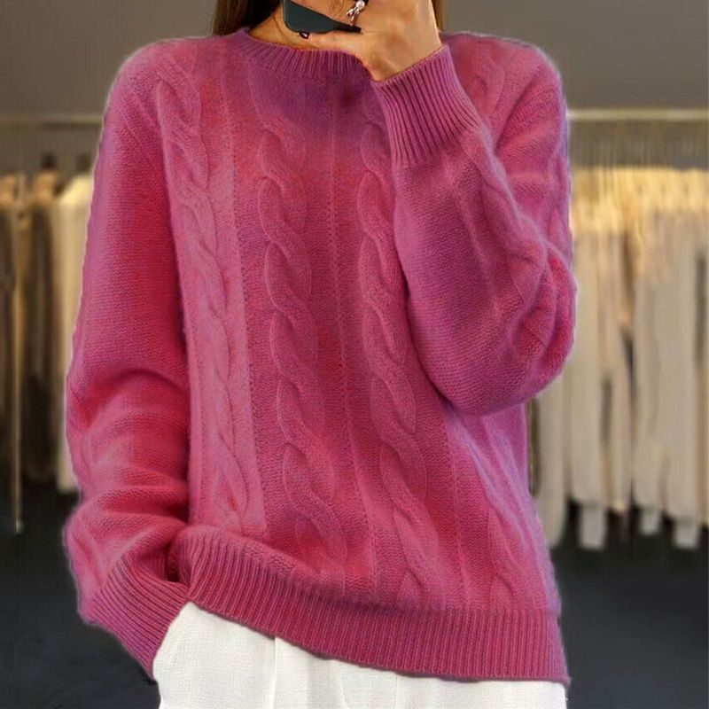 Women Winter Cable Knit Sweater with Ribbed Edges and Crew Neck