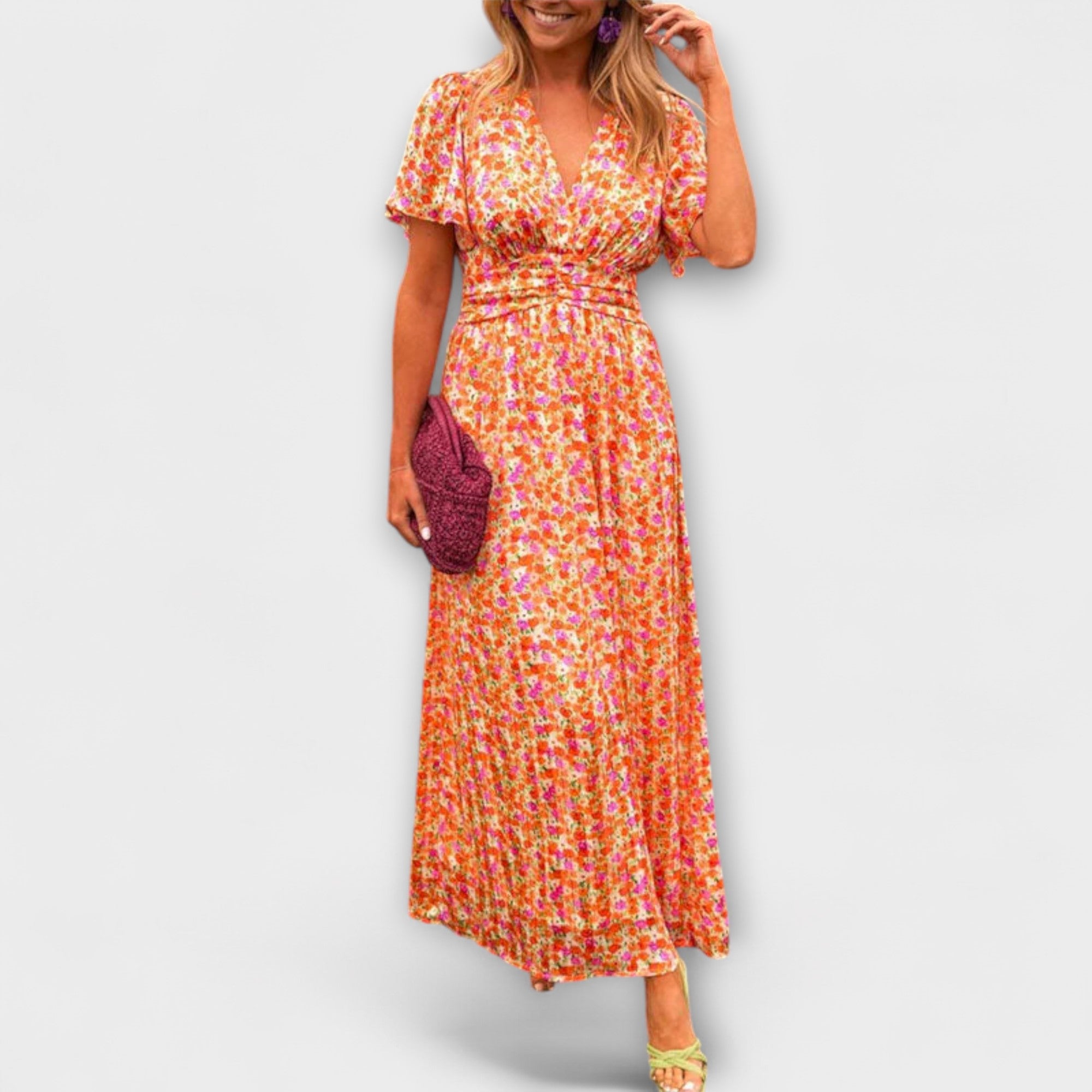 Women V-Neck Short Sleeve Floral Print Dress