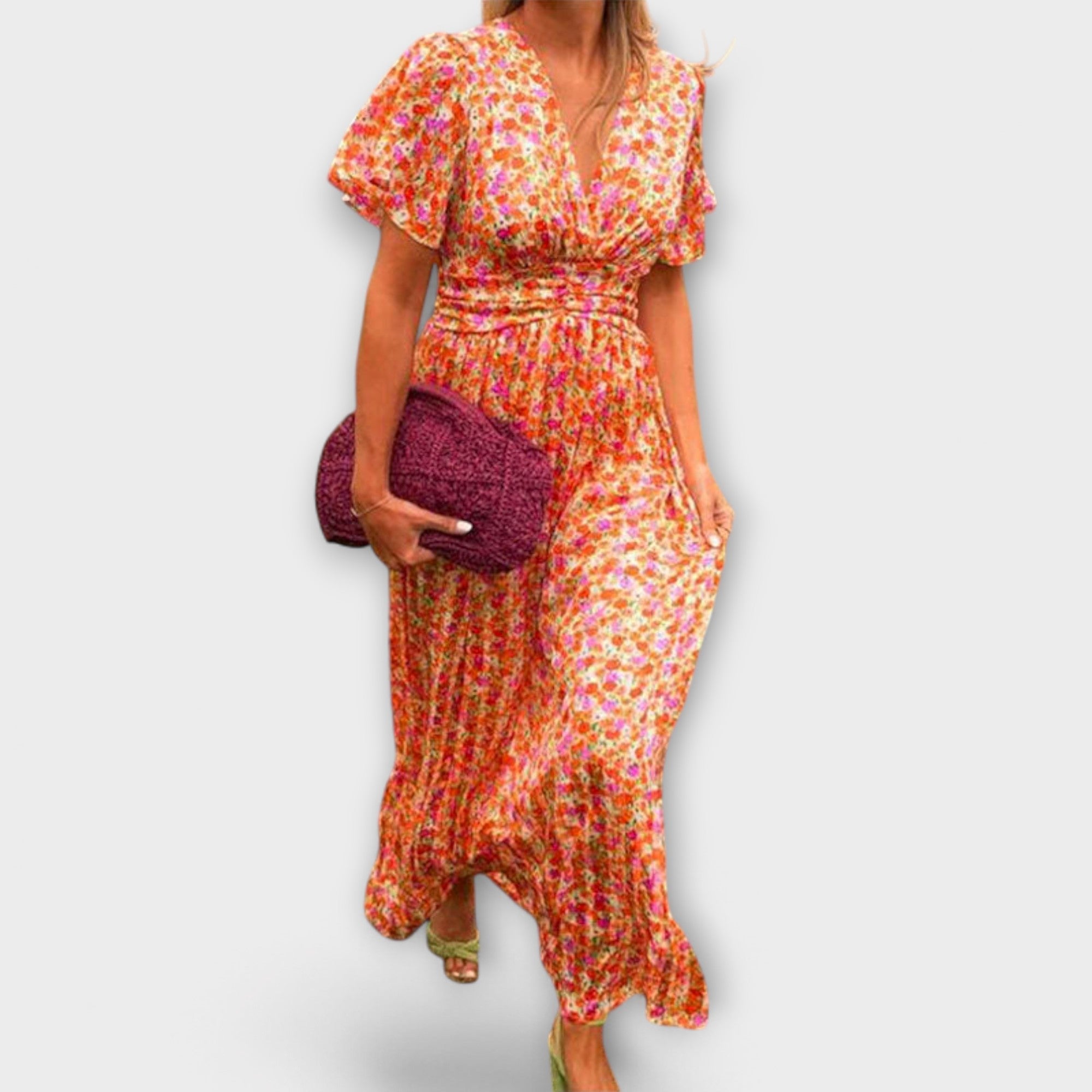 Women V-Neck Short Sleeve Floral Print Dress